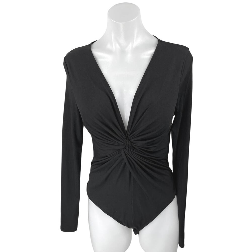 Topshop Women's Black Twist Knot Front V-neck Long Sleeve Bodysuit Blouse Top 12